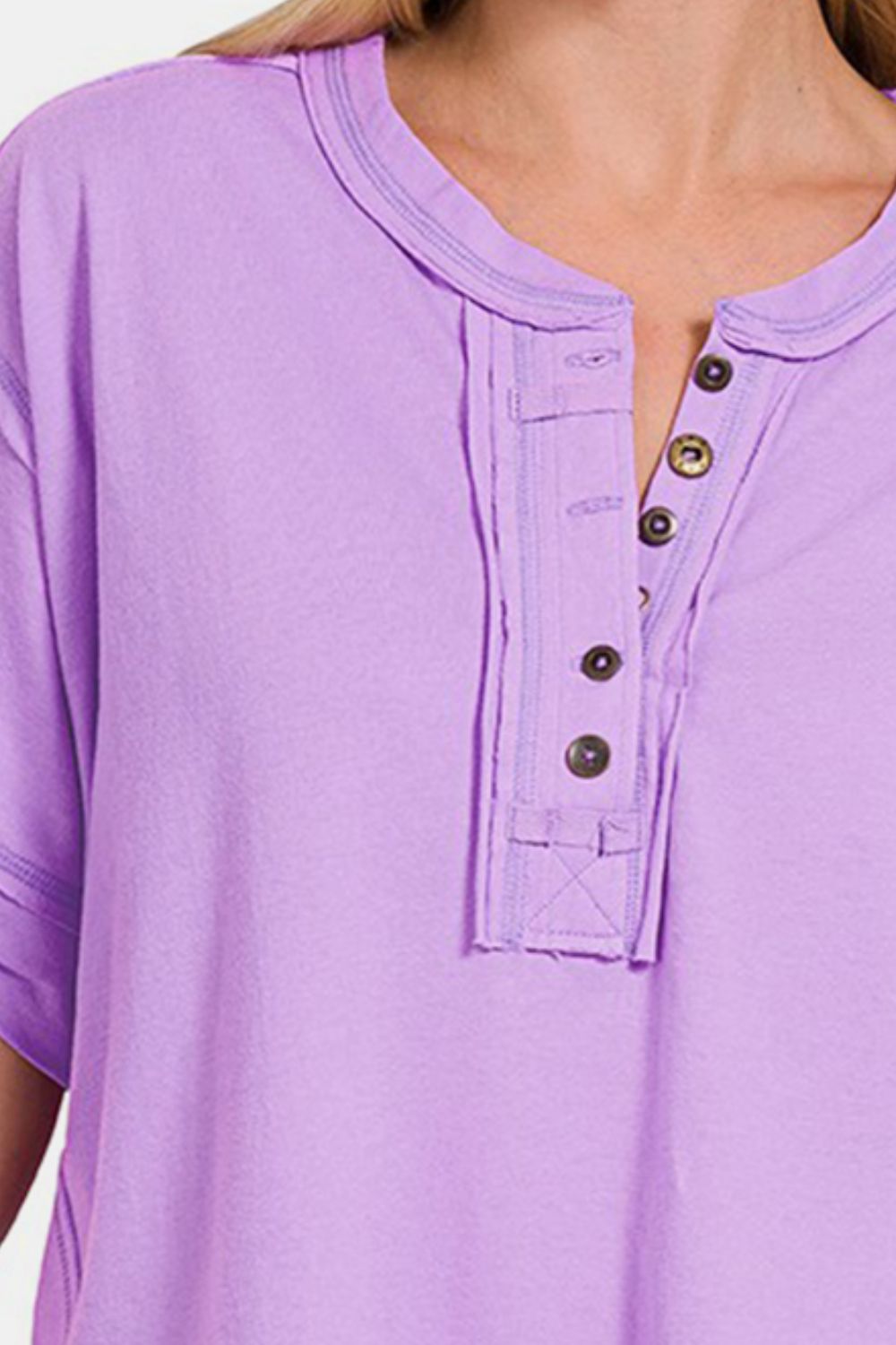 Zenana Exposed Seam Half Button Short Sleeve Top | us.meeeshop
