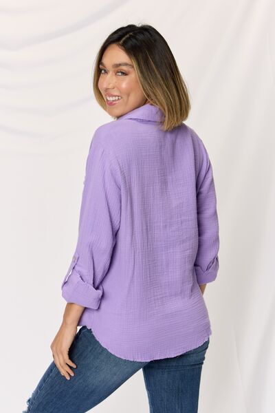 Zenana Texture Button Up Raw Hem Long Sleeve Shirt | us.meeeshop