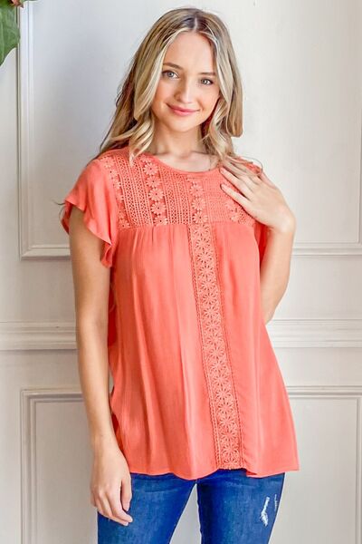 And The Why Lace Detail Ruffle Short Sleeve Blouse | us.meeeshop