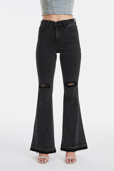 BAYEAS Full Size High Waist Distressed Raw Hem Flare Jeans | us.meeeshop