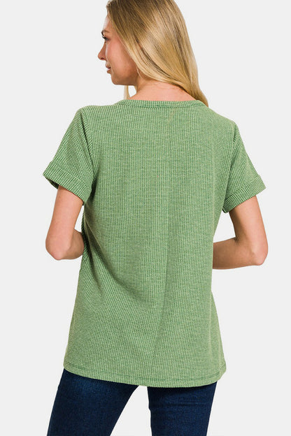 Zenana Waffle Notched Short Sleeve T-Shirt | us.meeeshop