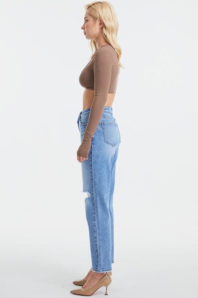 BAYEAS High Waist Distressed Cat's Whiskers Washed Straight Jeans | us.meeeshop