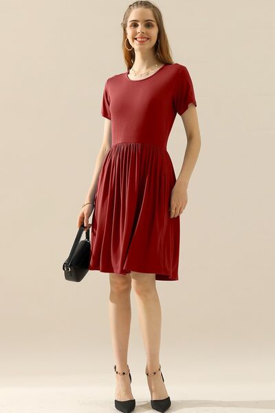 Ninexis Full Size Round Neck Ruched Dress with Pockets | us.meeeshop