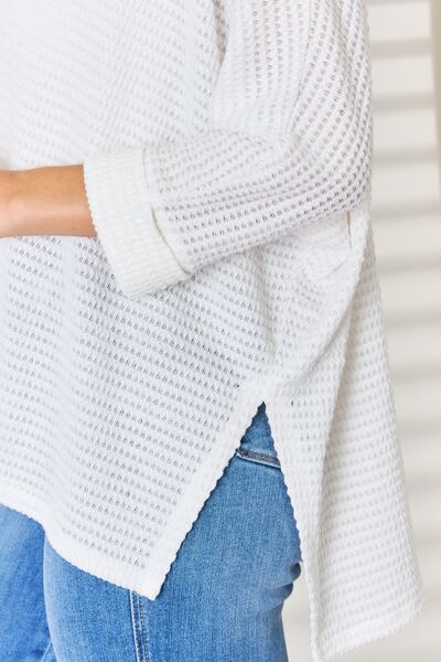 Zenana Full Size Waffle Knit V-Neck Long Sleeve Slit Top | us.meeeshop