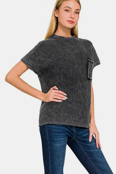 Zenana Pocketed Mock Neck Short Sleeve Sweater | us.meeeshop