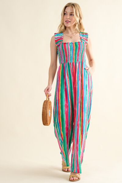 And The Why Full Size Striped Smocked Sleeveless Jumpsuit | us.meeeshop