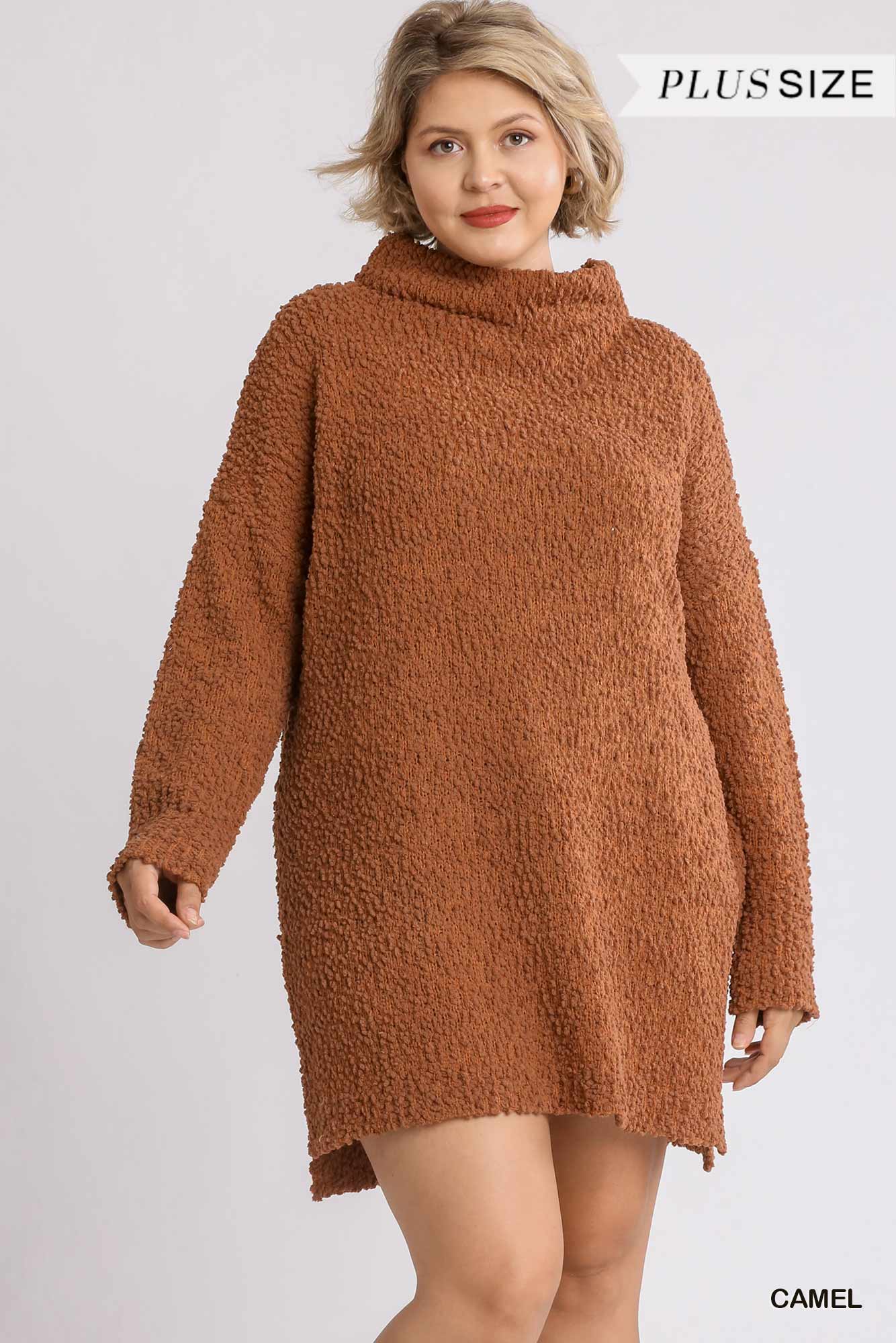 High Cowl Neck Bouclé Long Sleeve Sweater Dress | us.meeeshop