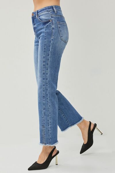 RISEN High Waist Raw Hem Slit Straight Jeans | us.meeeshop