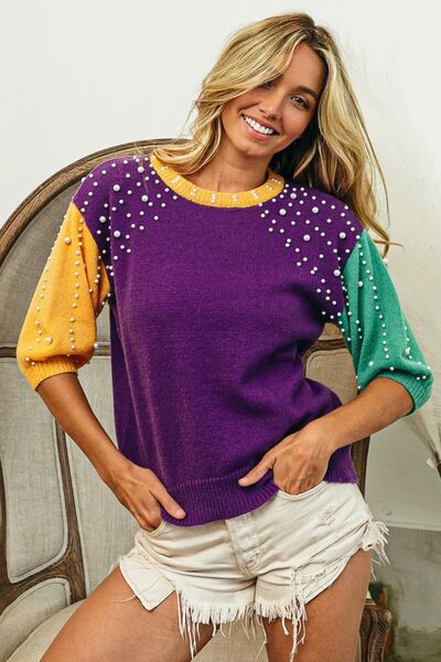 BiBi Color Block Pearl Detail Round Neck Sweater | us.meeeshop