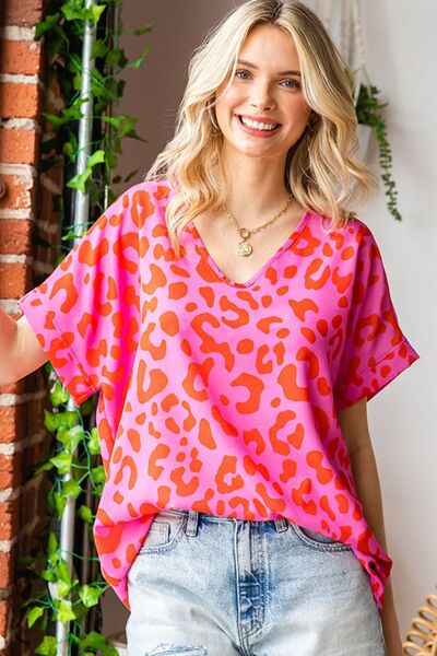 First Love Leopard V-Neck Short Sleeve Woven Top | us.meeeshop