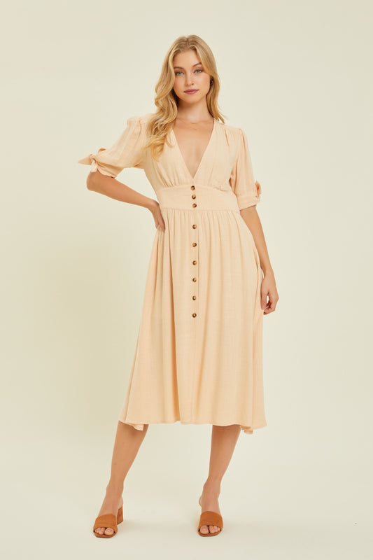 HEYSON Full Size Textured Linen V-Neck Button-Down Midi Dress | us.meeeshop