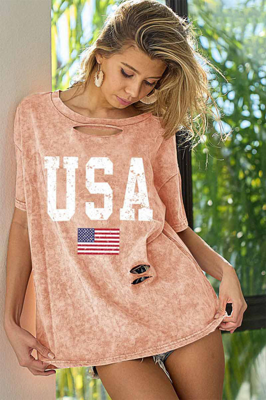 BiBi Washed American Flag Graphic Distressed T-Shirt | us.meeeshop