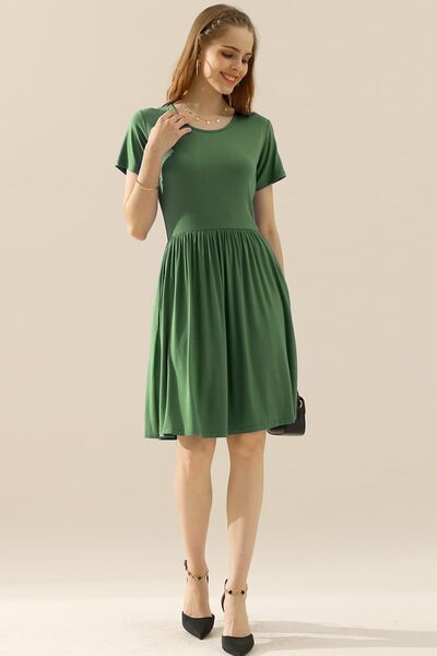 Ninexis Full Size Round Neck Ruched Dress with Pockets | us.meeeshop