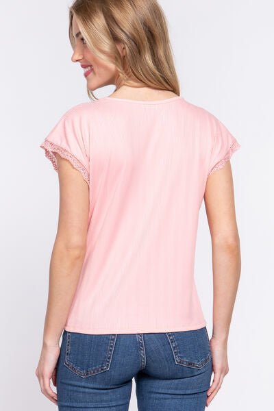 ACTIVE BASIC Lace Trim V-Neck Short Sleeve Ribbed Top | us.meeeshop