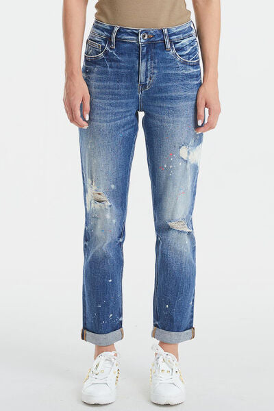 BAYEAS Full Size High Waist Distressed Paint Splatter Pattern Jeans | us.meeeshop