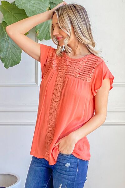 And The Why Lace Detail Ruffle Short Sleeve Blouse | us.meeeshop