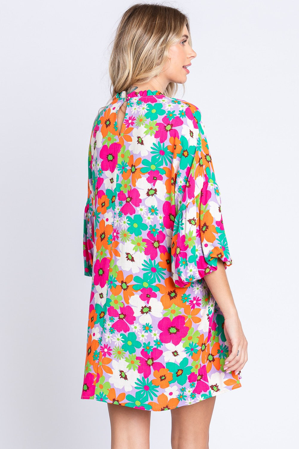 GeeGee Full Size Floral Round Neck Lantern Sleeve Mini Dress | us.meeeshop