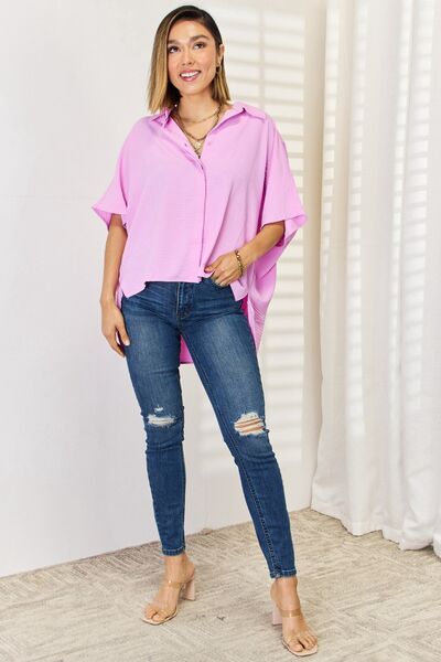 Zenana Texture Button Up Short Sleeve High-Low Shirt | us.meeeshop