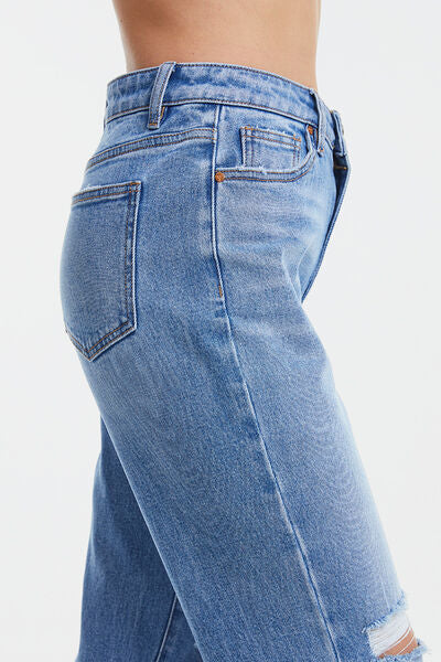 BAYEAS High Waist Distressed Cat's Whiskers Washed Straight Jeans | us.meeeshop