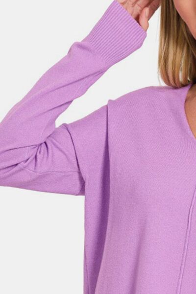 Zenana Slit V-Neck Dropped Shoulder Sweater | us.meeeshop