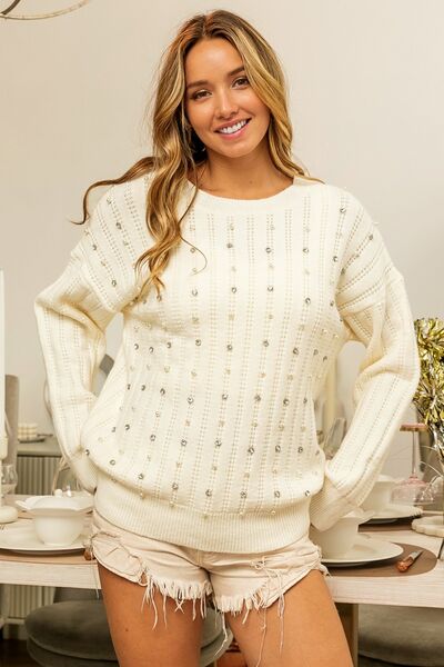 BiBi Pearl & Rhinestone Decor Long Sleeve Sweater | us.meeeshop
