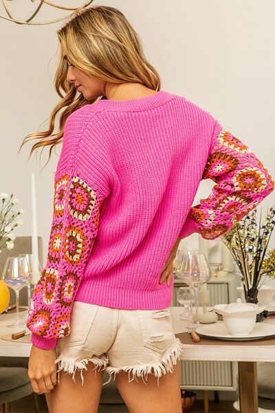 BiBi V-Neck Crochet Long Sleeve Sweater | us.meeeshop