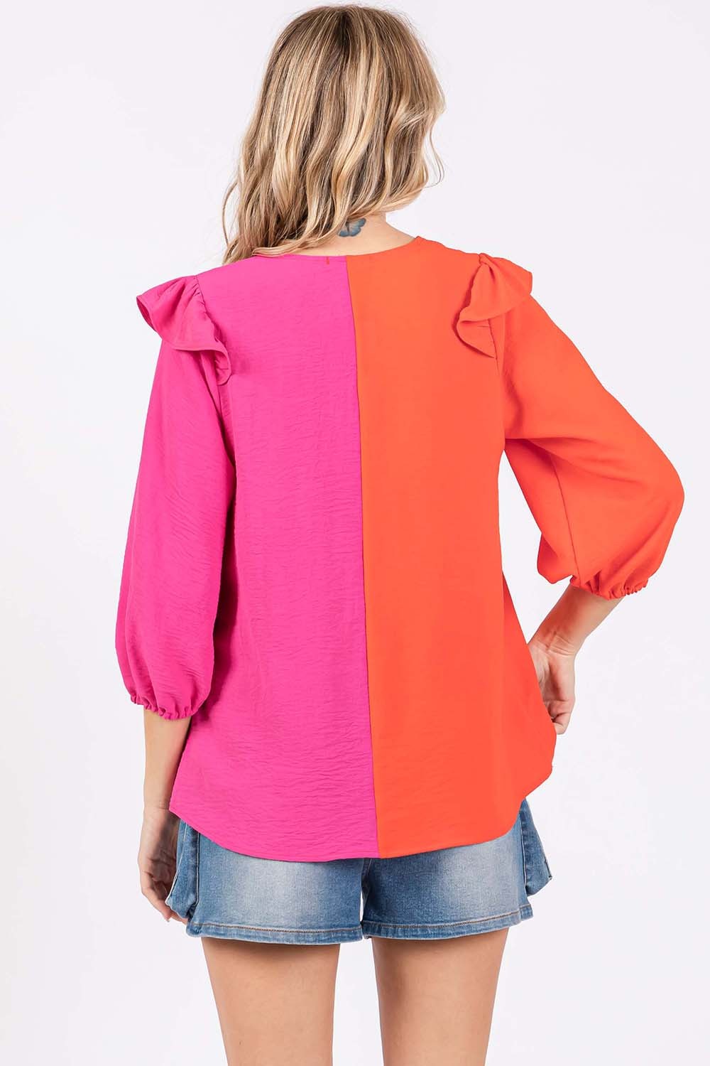 GeeGee Full Size Ruffle Trim Contrast Blouse | us.meeeshop