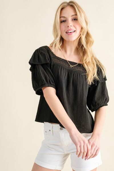 And The Why Square Neck Cotton Gauze Ruffled Blouse | us.meeeshop