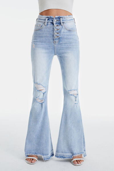 BAYEAS Full Size Distressed Raw Hem High Waist Flare Jeans | us.meeeshop