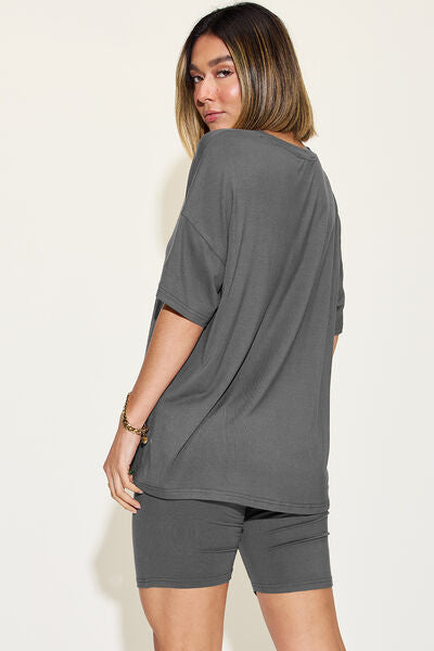 Basic Bae V-Neck Drop Shoulder Short Sleeve T-Shirt and Shorts Set | us.meeeshop