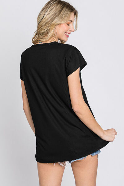 Heimish Full Size Front Button V-Neck Short Sleeve T-Shirt | us.meeeshop