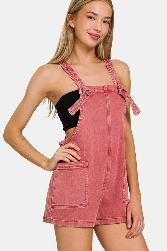 Zenana Washed Knot Strap Rompers | us.meeeshop