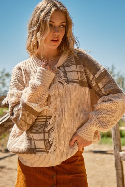 And The Why Plaid Pattern Color Block Fringe Sweater | us.meeeshop