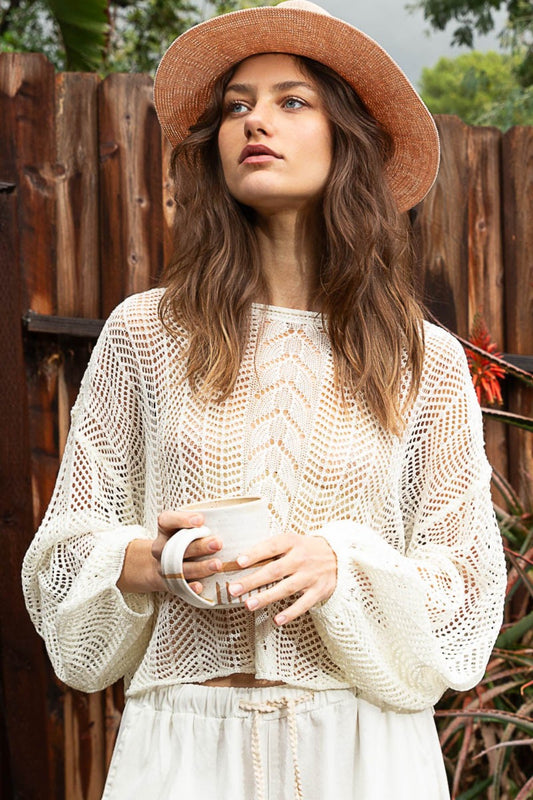 POL Openwork Balloon Sleeve Knit Cover Up | us.meeeshop