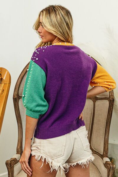 BiBi Color Block Pearl Detail Round Neck Sweater | us.meeeshop