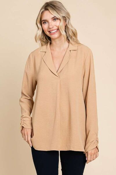 Culture Code Full Size Lapel Collar Ruched Long Sleeve Blouse | us.meeeshop