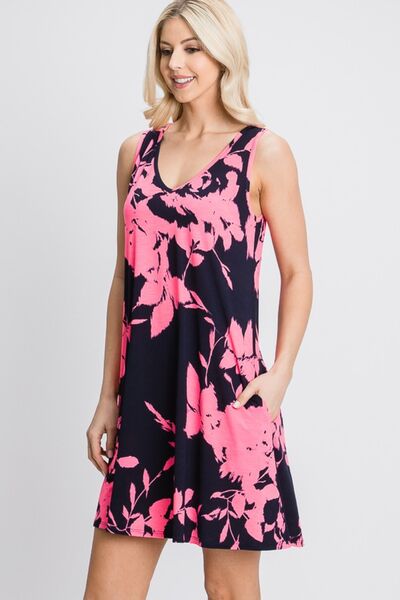 Heimish Full Size Floral V-Neck Tank Dress with Pockets | us.meeeshop