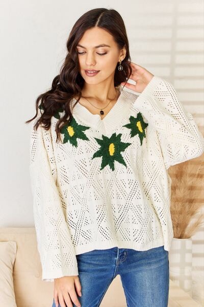 POL Floral Embroidered Pattern V-Neck Sweater | us.meeeshop