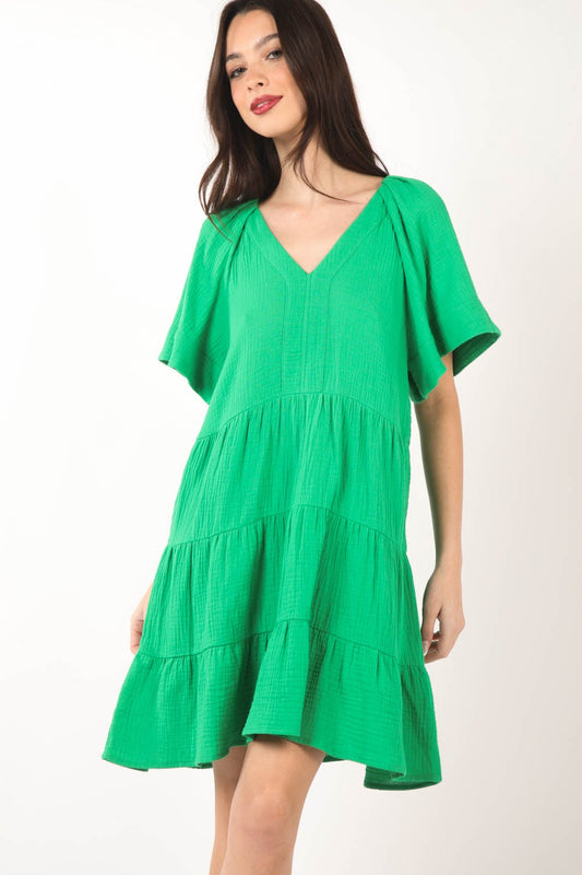 VERY J Texture V-Neck Ruffled Tiered Dress | us.meeeshop