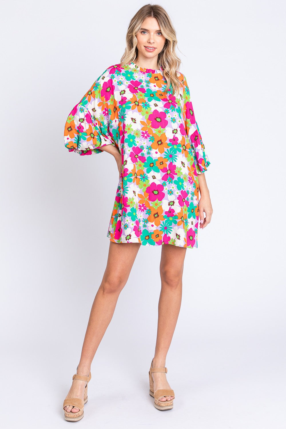 GeeGee Full Size Floral Round Neck Lantern Sleeve Mini Dress | us.meeeshop