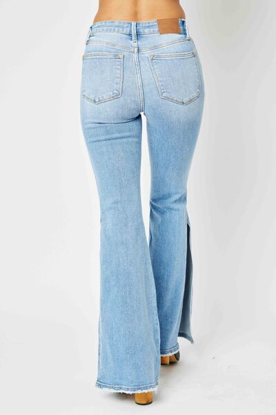 Judy Blue Full Size Mid Rise Raw Hem Slit Flare Jeans | us.meeeshop